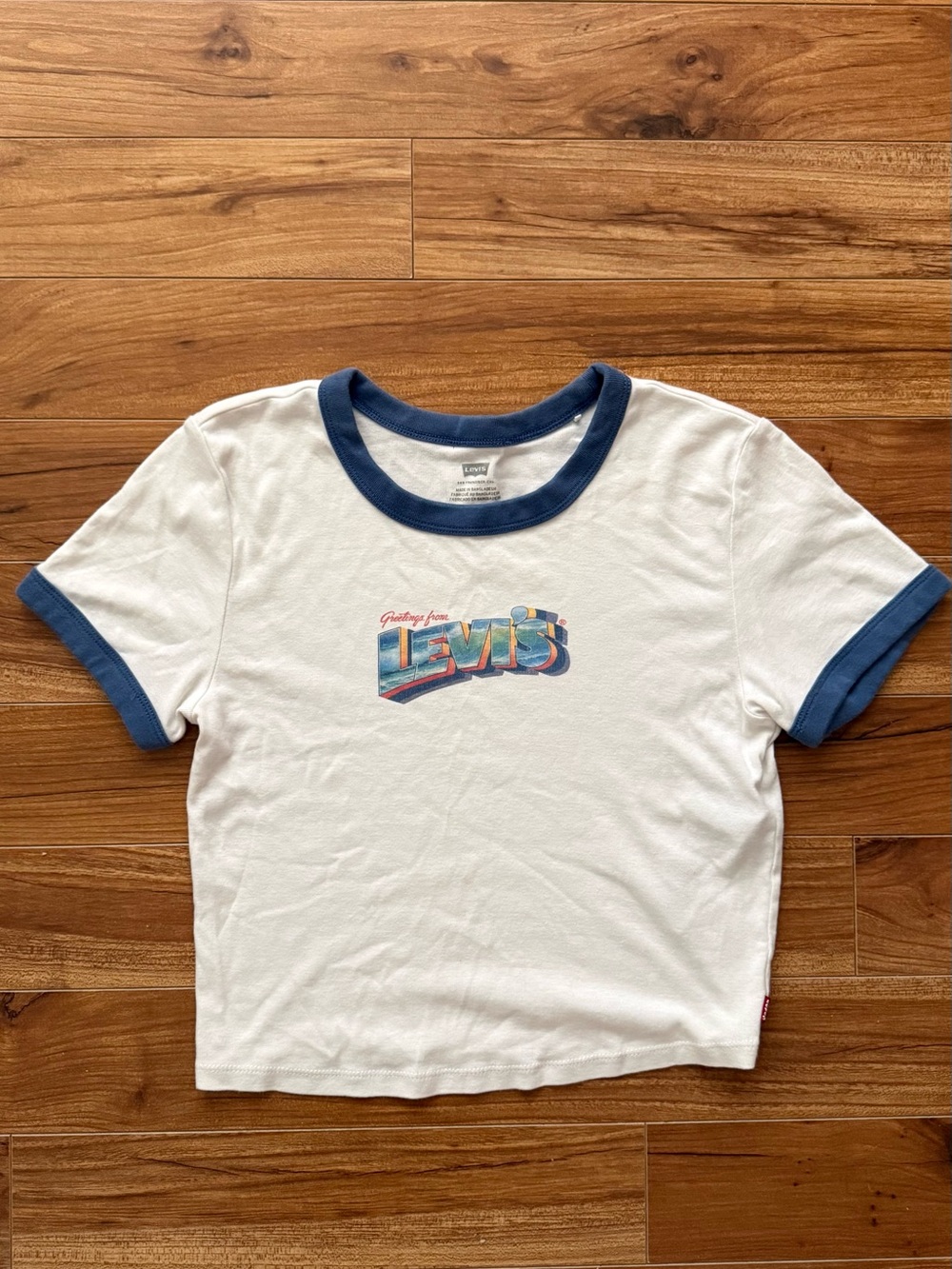 Levi's Greetings From Levi's White & Blue Graphic Ringer Crop Tee Size Small